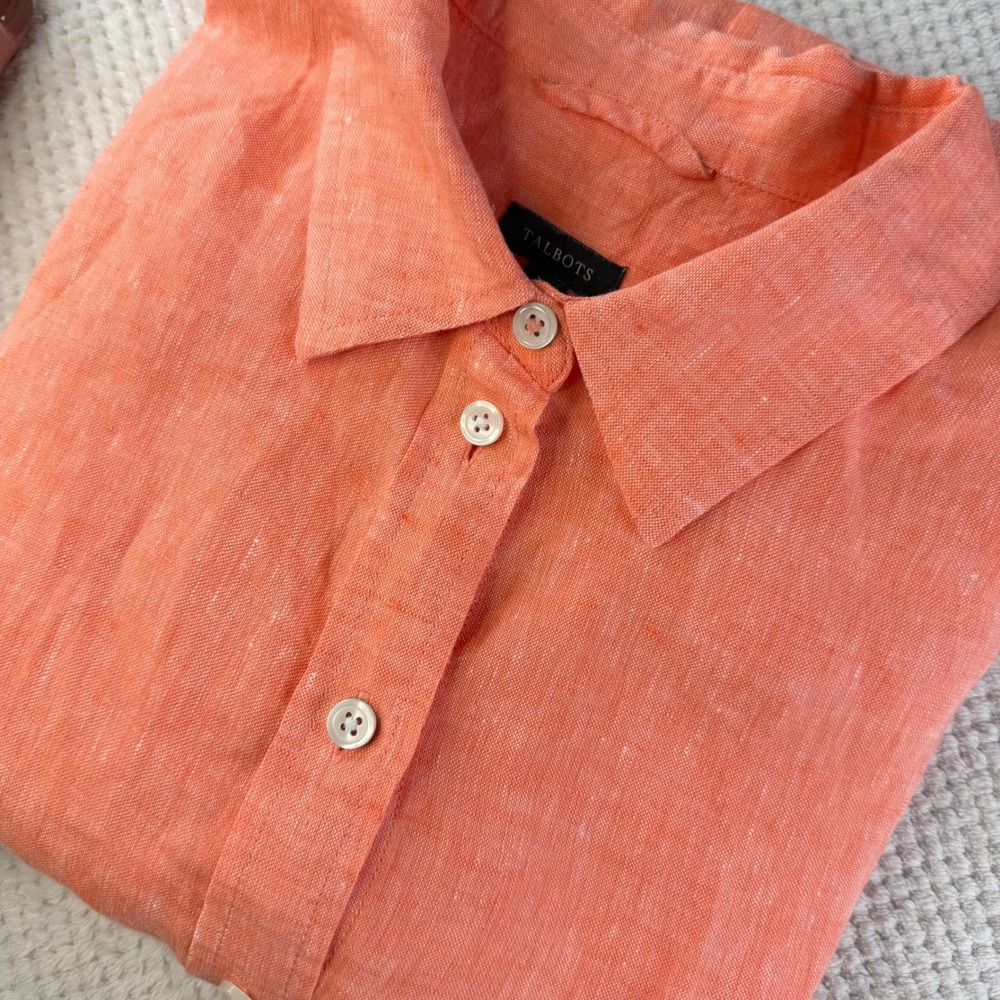 Talbots Womens Large Coral Orange 100% Linen Long Sleeve Button Down Shirt K210